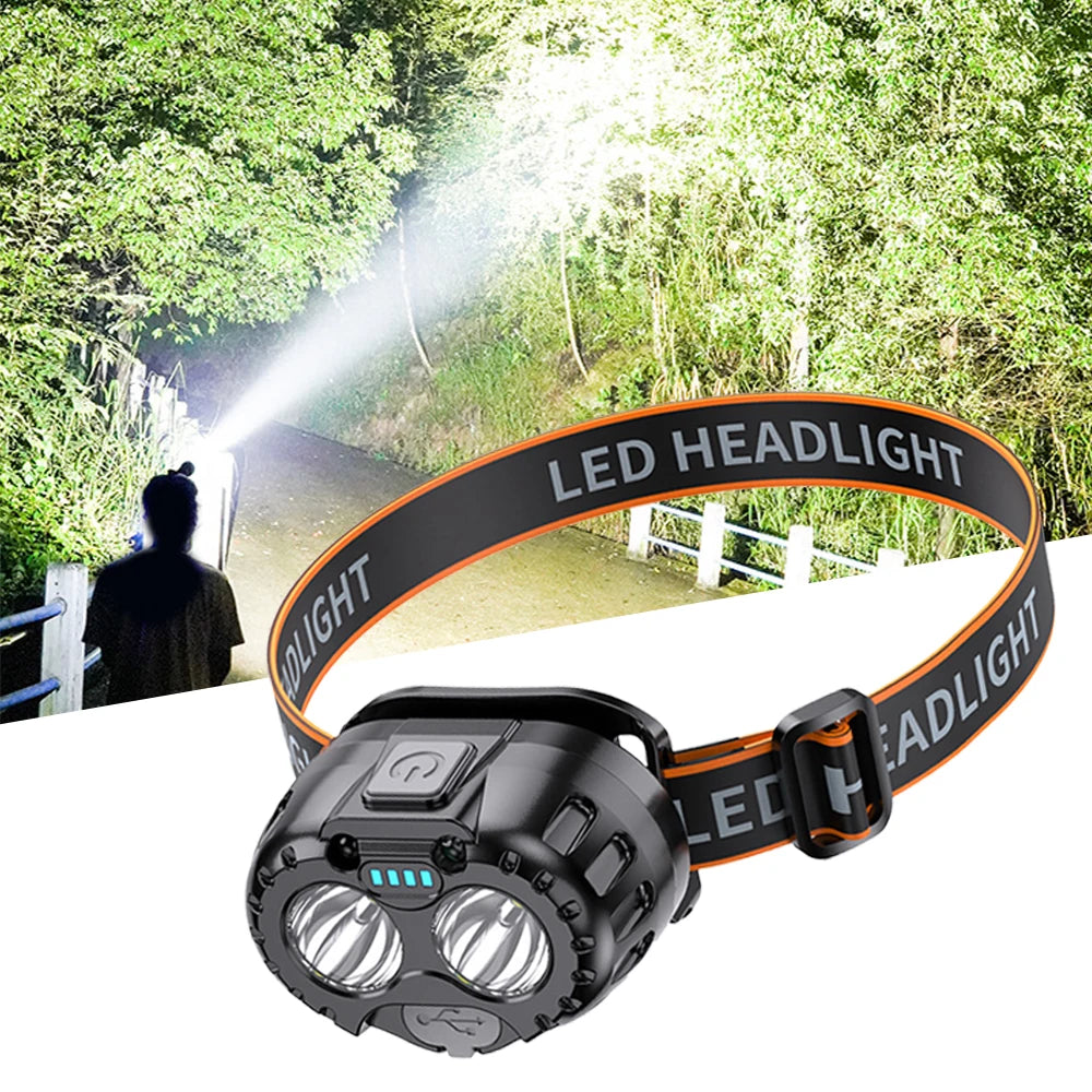 lampe frontale led noire orange texturée ipx4 waterproof camping pêche usb rechargeable modifiable