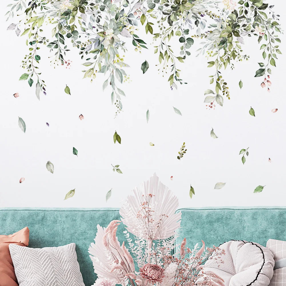 sticker mural adhésif feuilles branches fleurs aquarelle naturel bohème champêtre résistant eau