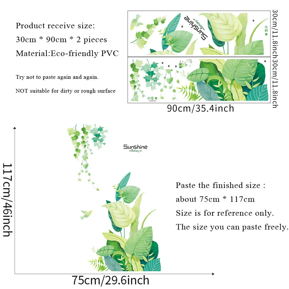 sticker mural botanique moderne feuilles vigne plantes tropicales oiseaux stylisés aquarelle pièces