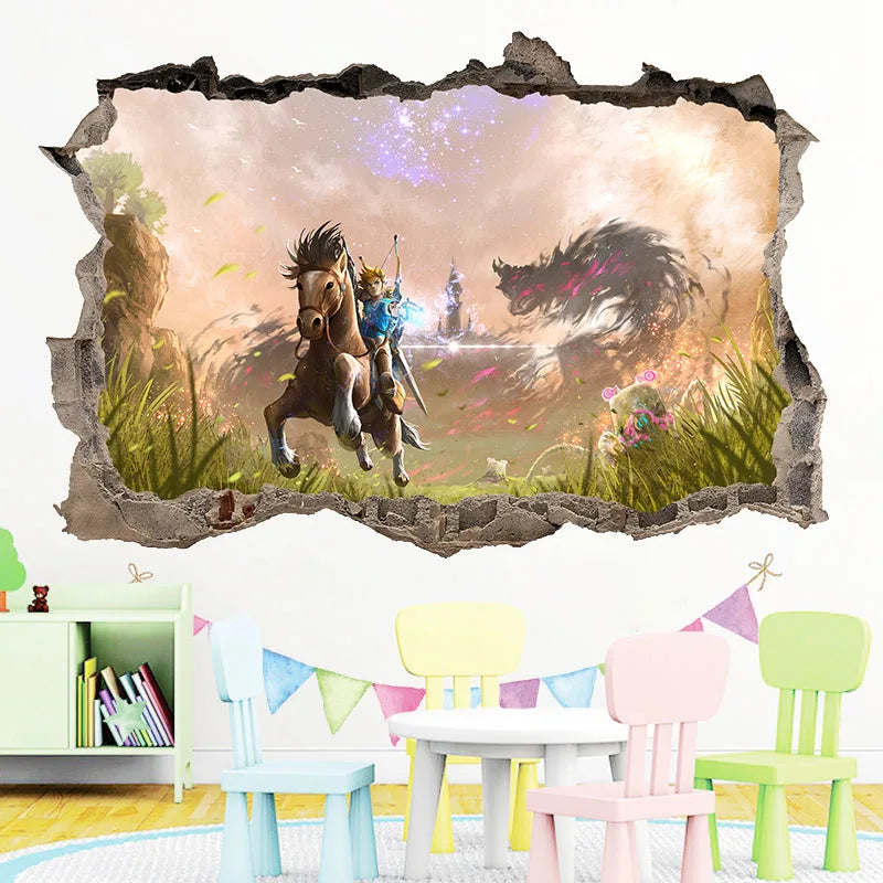 sticker mural 3d dessin animé paysages personnages fantastiques opaques adhésifs chambre bleu vert gris