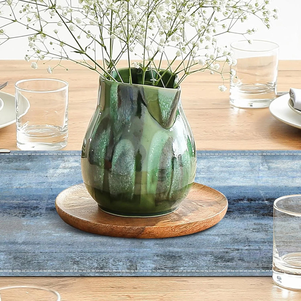 table chevet moderne chemin table lin bleu gris résistant l'usure antidérapant rustique assiettes tasses
