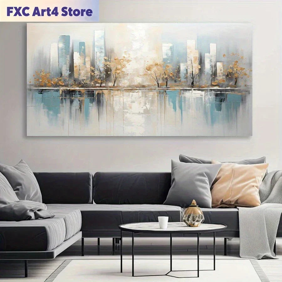 tableau contemporain abstrait arbres dorés ville bleu gris sans cadre