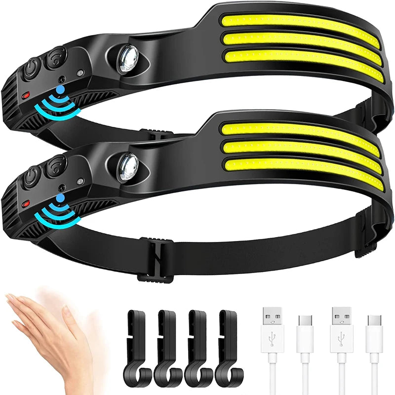 lampe frontale led cob rechargeable camping pêche randonnée noir rayures jaunes