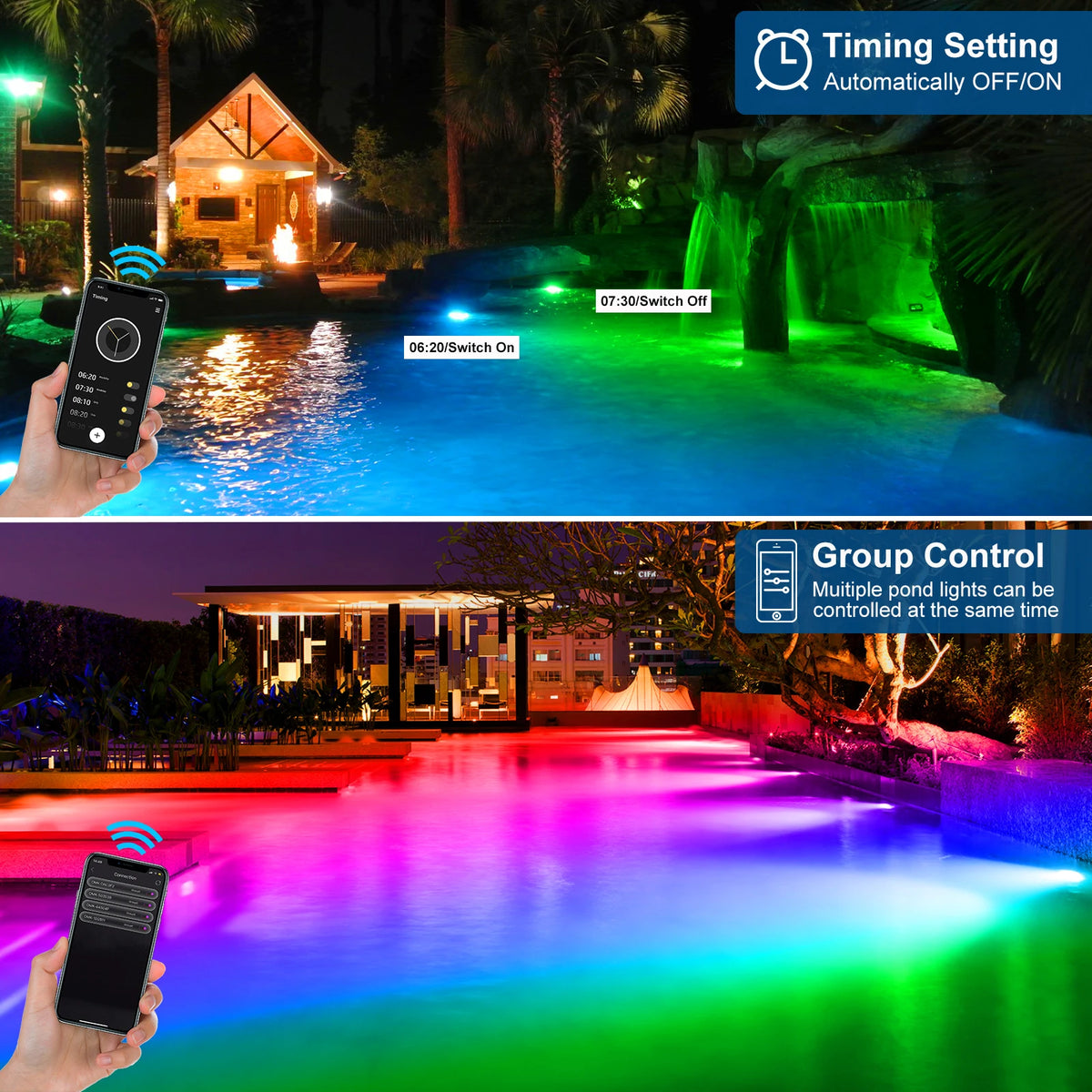 projecteur led ip68 étanche 10 led noir moderne commande distance prise électrique app mobile