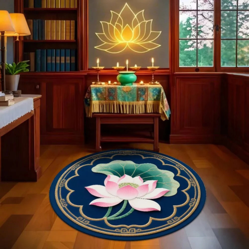 tapis rond fleur lotus vert rose blanc décoration zen salon chambre moderne ethnique