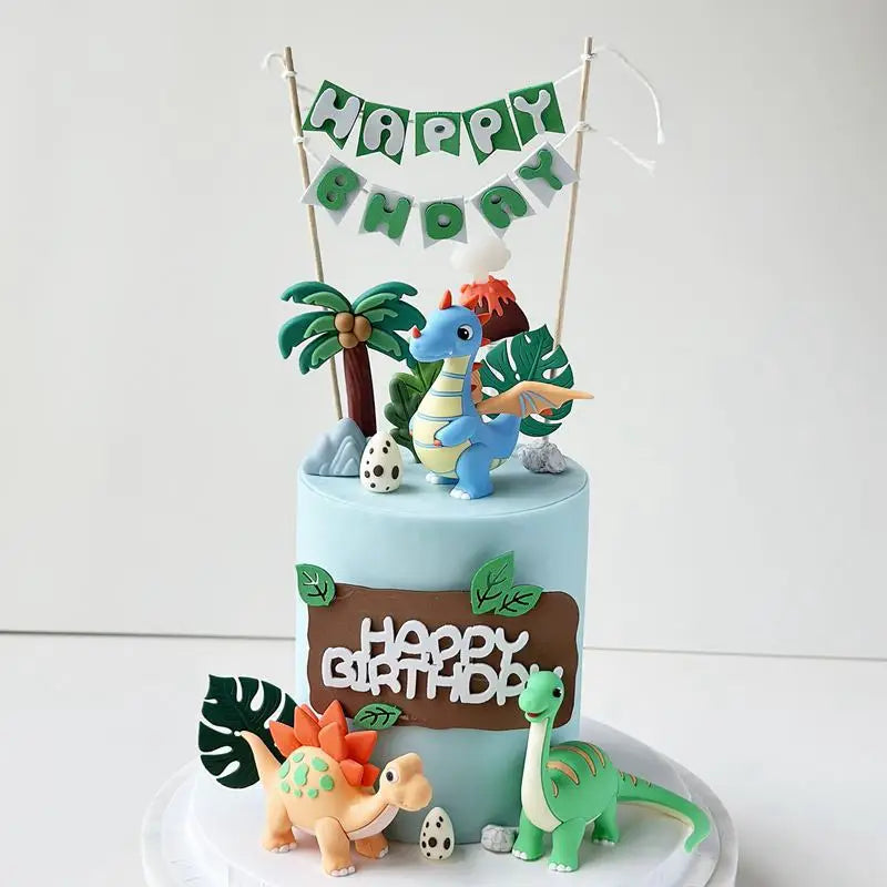décoration gâteau anniversaire dinosaures feuilles tropicales volcan drapeaux enfants happy birthday plastique