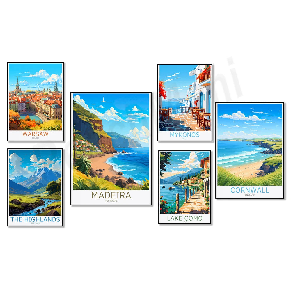 Cette image présente une collection de six affiches de voyage vintage illustrant diverses destinations touristiques, notamment Varsovie, Mykonos, Madère, les Highlands, le lac de Côme et Cornwall, en mettant l'accent sur les paysages, les villes et les plages pittoresques.