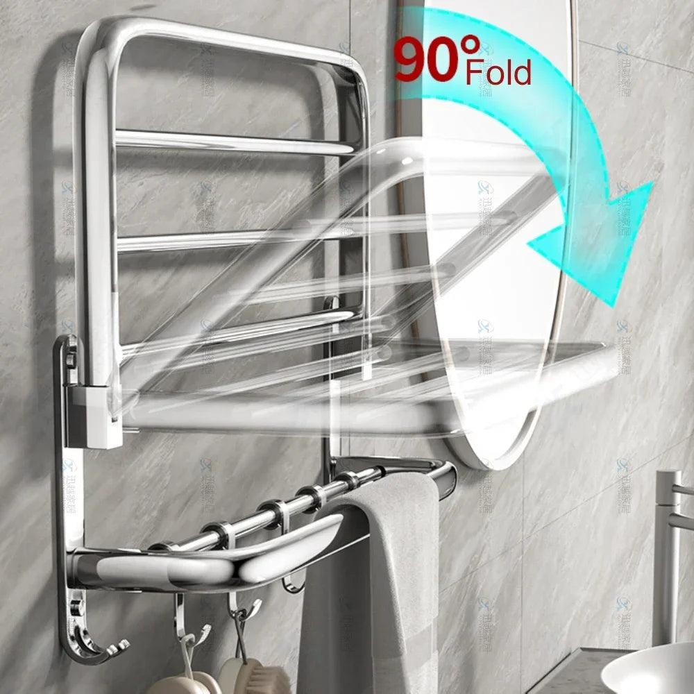Porte-serviettes mural pliant en acier inoxydable 304 avec miroir argenté en position fermée