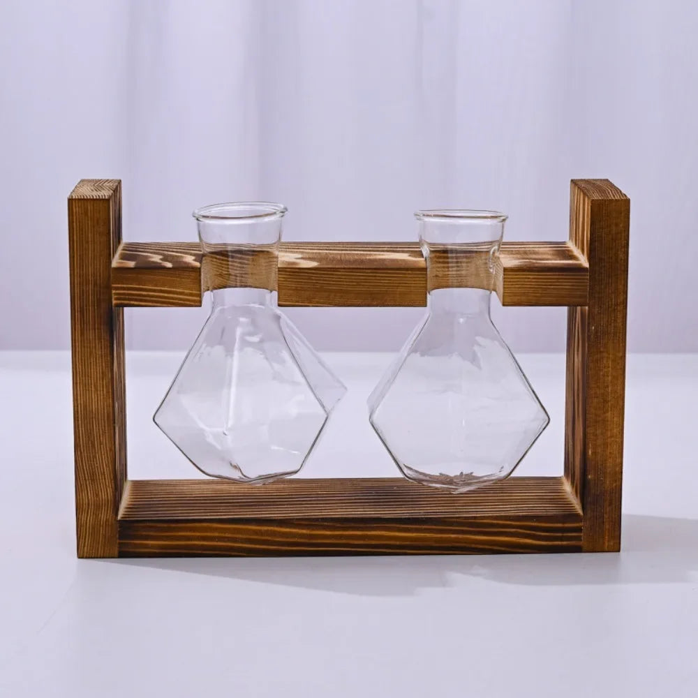 support plante verre moderne bois marron clair vase table decoration maison transparent naturel