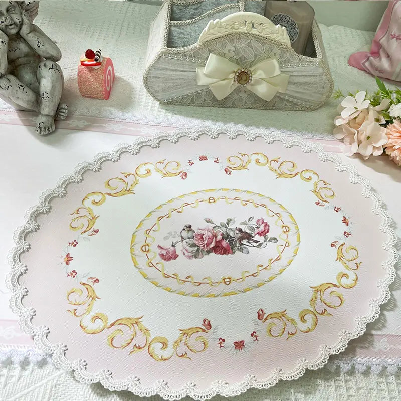 serviettes table rectangulaires fleurs roses classiques blanc rose pâle beige bleu clair bordure dentelée