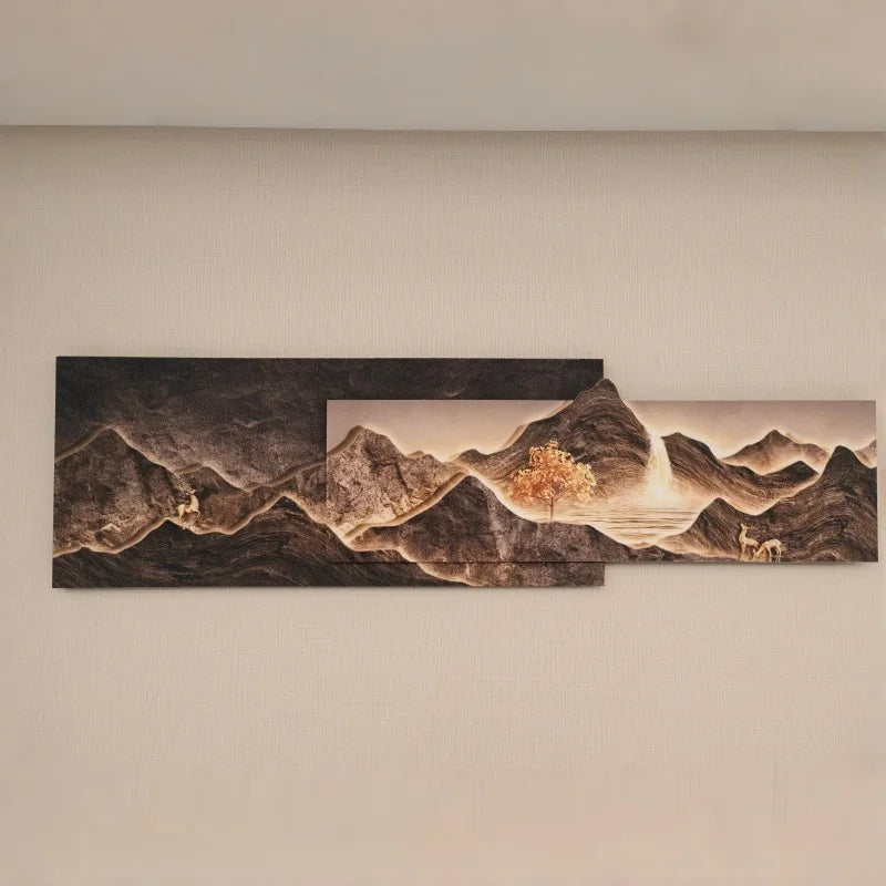 tableaux decoratifs muraux modernes paysagistes cascade arbres effet texturé salon marron foncé