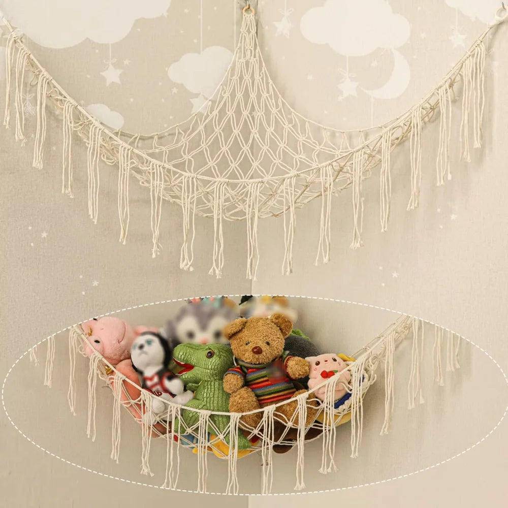 sac rangement hamac jouets macramé franges boho salon pliable respectueux environnement