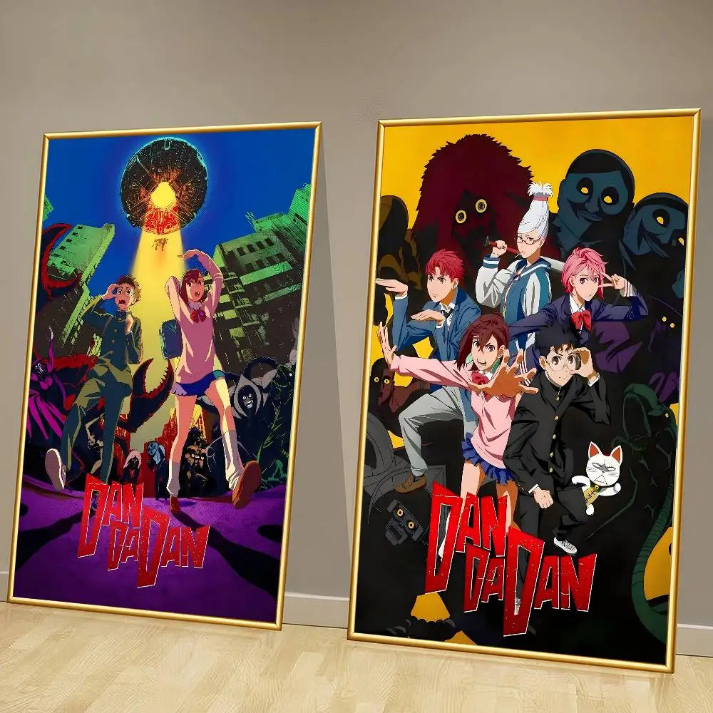 affiche anime personnages ville futuriste cadre bois bleu violet rouge moderne pop artDecorationMuriale