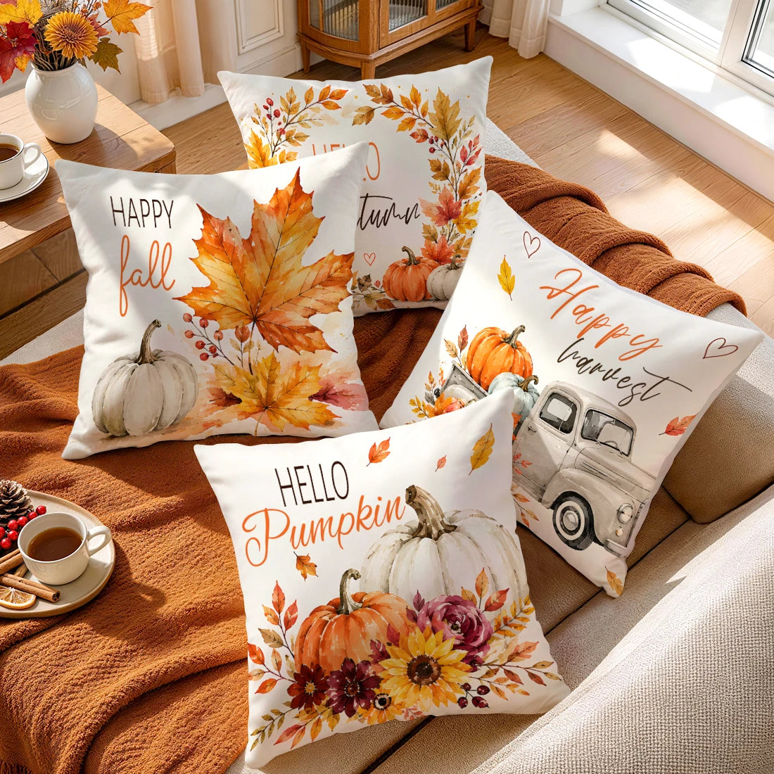 housse coussin imprimée citrouille feuille érable aquarelle automnale décoration maison carré moderne zip invisible