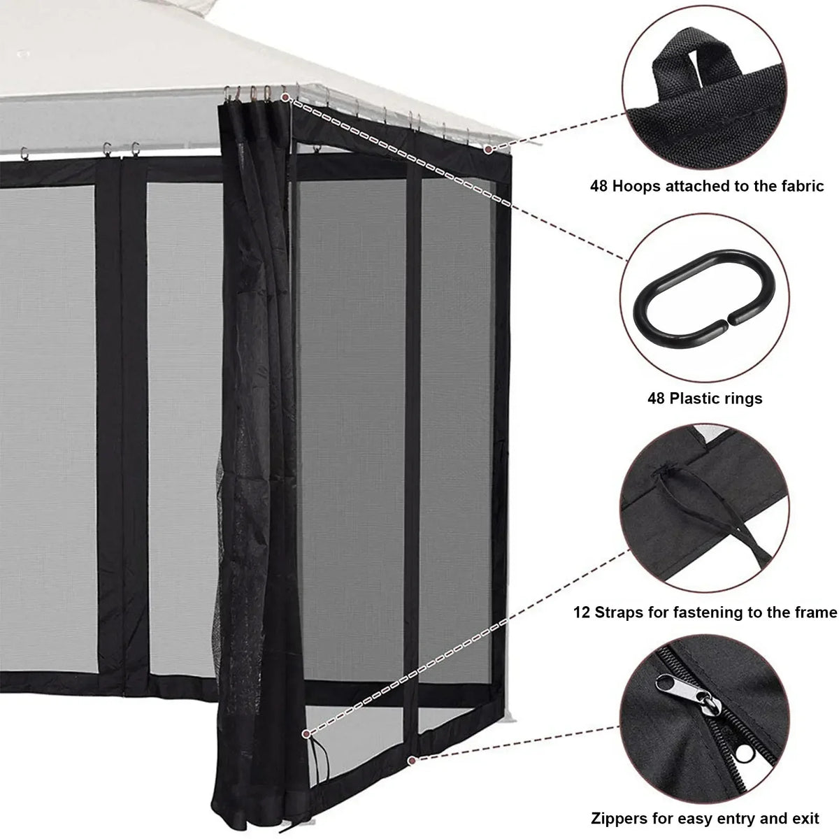 moustiquaire extérieure noire quadratique polyester fermeture éclair protection anti moustiques camping voyage moderne clips