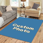 tapis photo personnalisable moderne bleu lettres blanches contour jaune salon rectangle