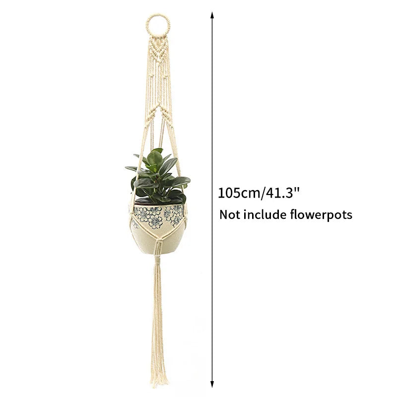 Macramé suspendu plante boho tissé main motifs géométriques anneaux métalliques