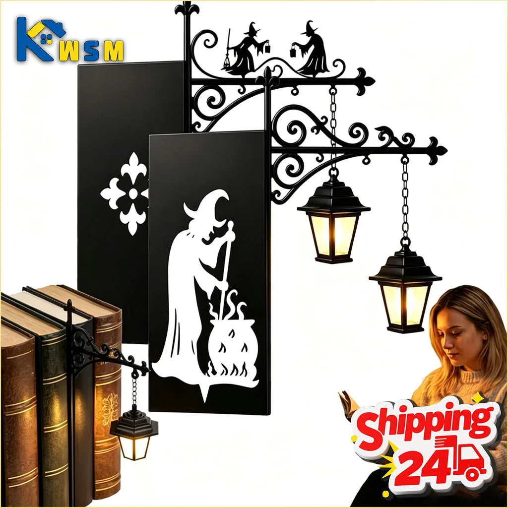 lampe table vintage sorcière citrouille halloween noir motif fleur rétro bibliothèque décoration