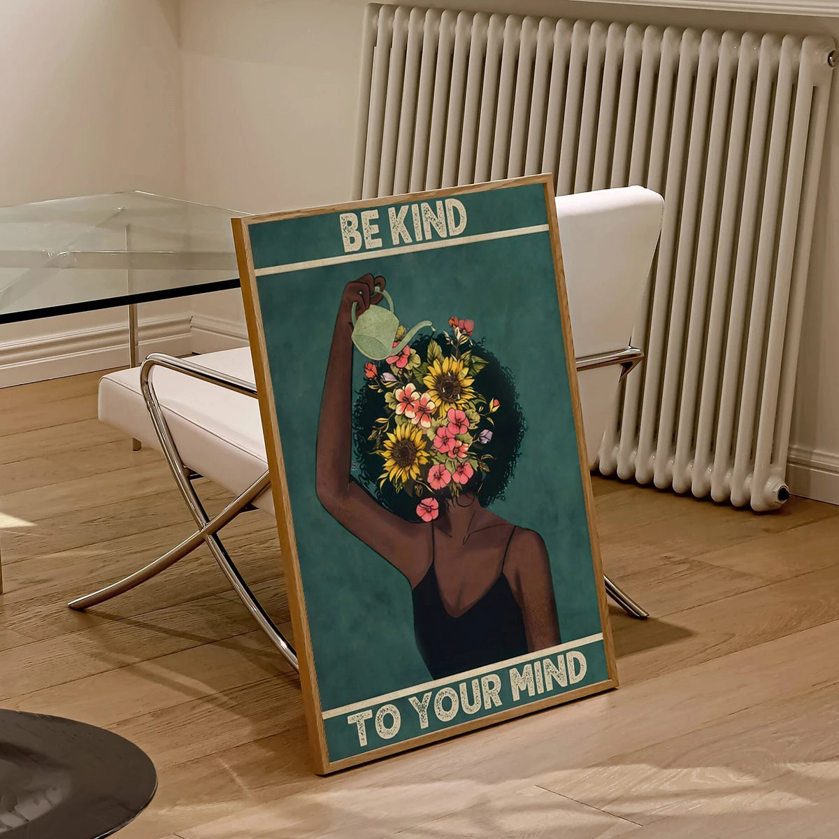 affiche murale impression toile abstraite vintage personnages stylisés disques vinyle fleurs textes bleu blanc