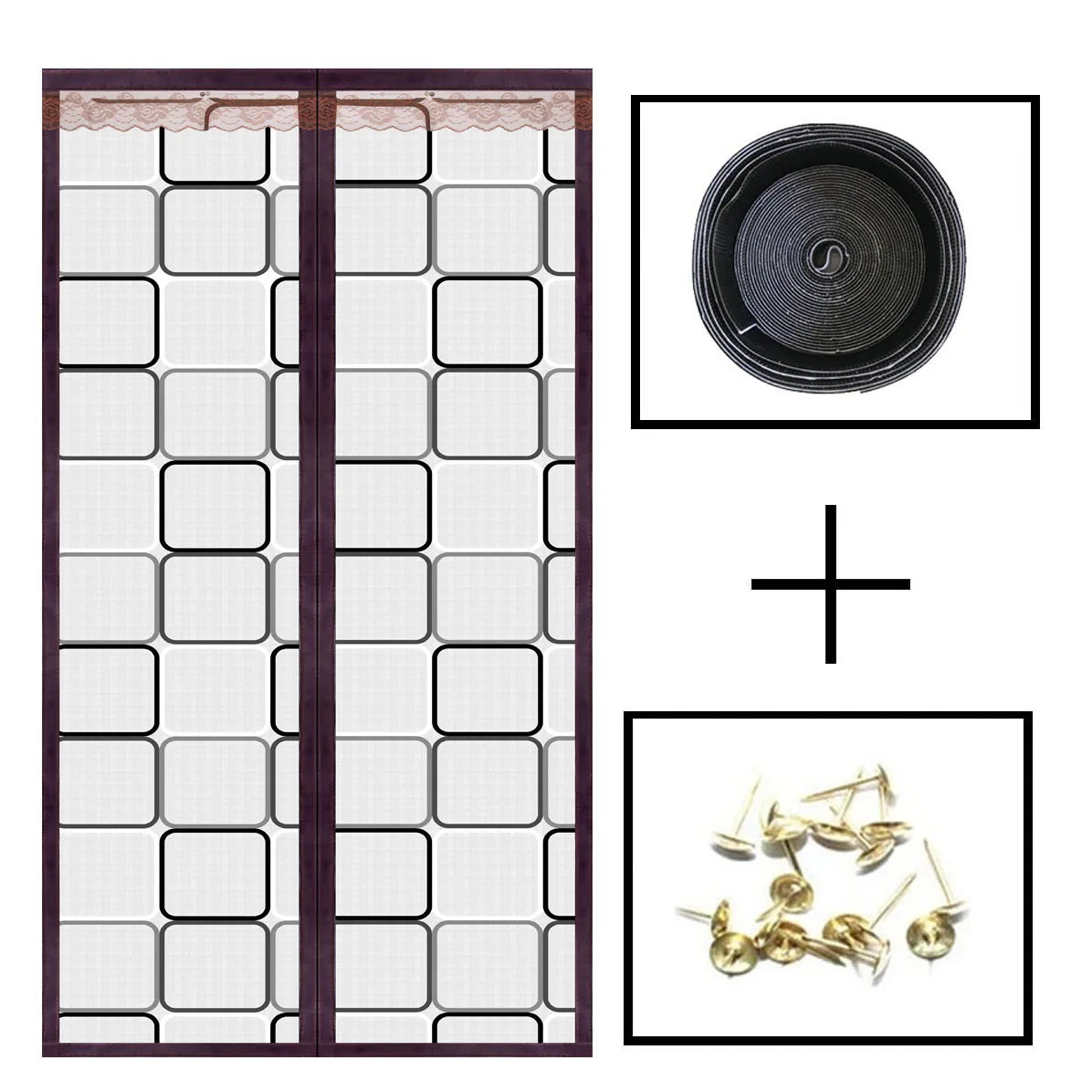 rideau magnétique porte semi transparent motif carrés blanc moderne adhésif noir marron minimaliste