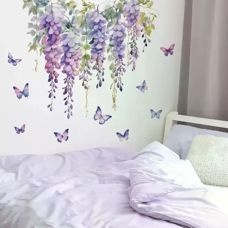sticker mural floral fleurs violettes papillons décoration chambre meubles porte adhésif art floral