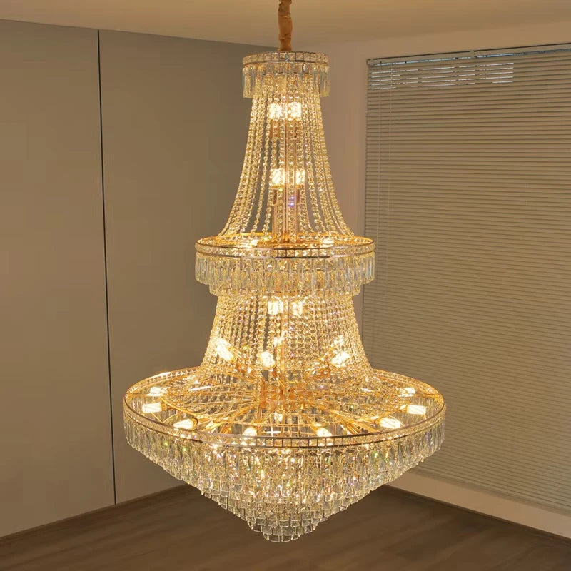 lustre pendentif cristal or hall salon classique 30mètres carrés 20lumières transparents decoration