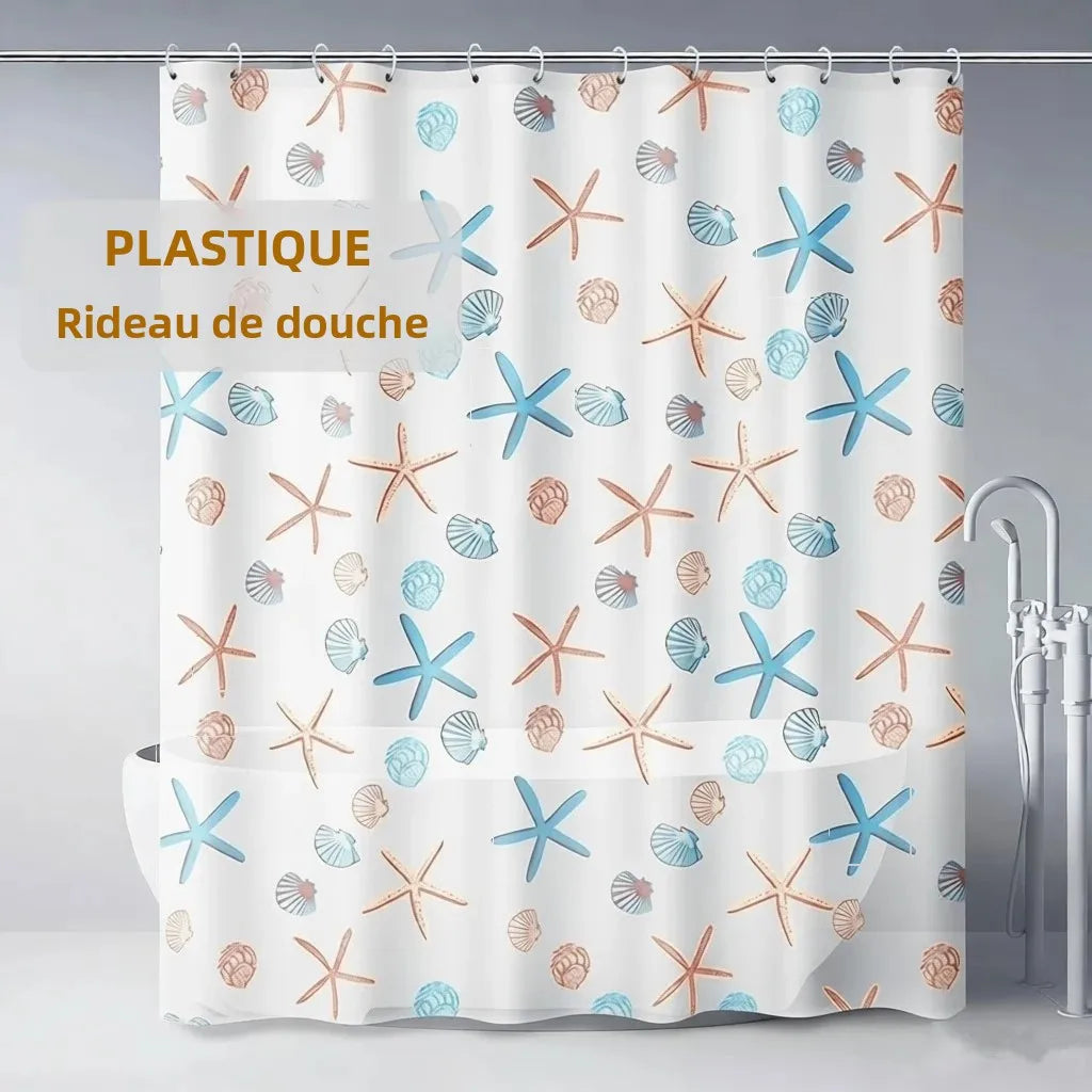 rideau douche étoiles mer moderne éva opaques crochets plastique blanc bleu orange vert