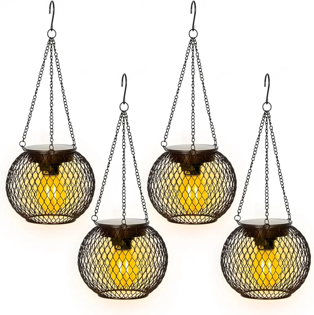 lampe solaire suspendue vintage noire maille métallique led élégante jardin patio dorée crochets chaînes