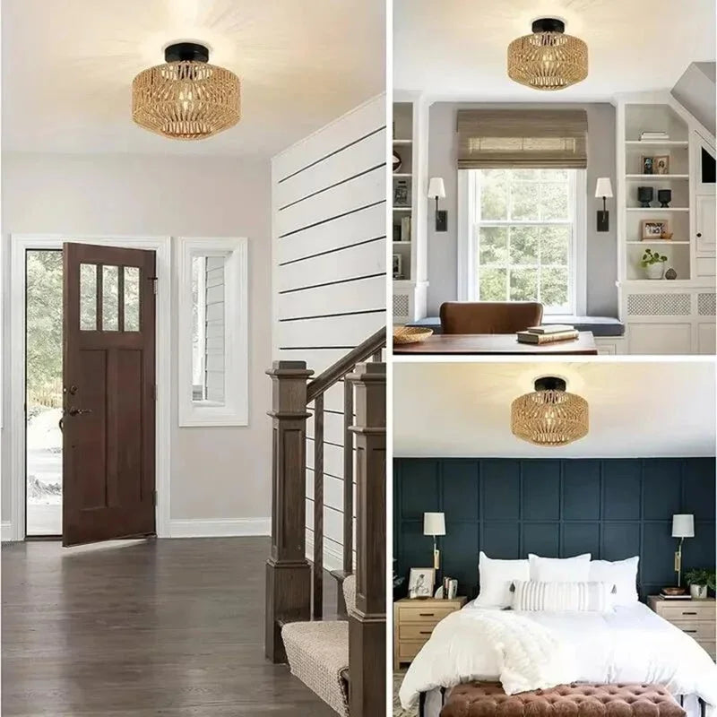 lampe suspendue moderne marron clair tressée naturelle abat jour rotin support métallique noir cuisine