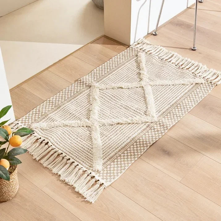tapis boho chic motifs géométriques beige noir sol antidérapant salon chambre coucher