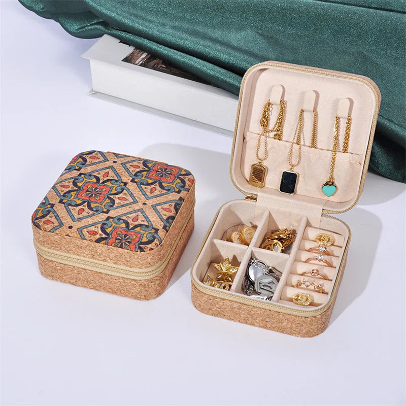boîtes bijoux vintage zippées boho chic velours imprimé floral beige multifonctionnel porte bijoux travel