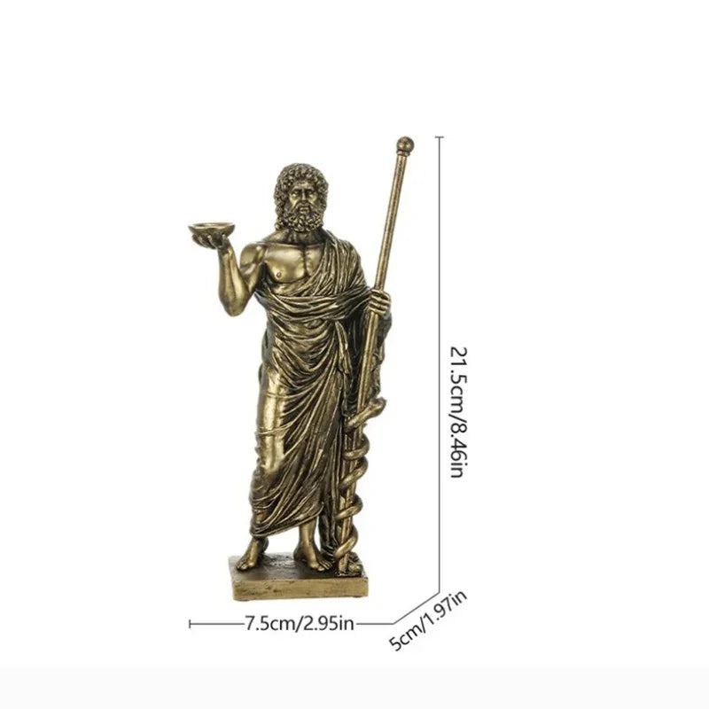 statue résine homme barbu asclépios bol serpent caducée bronze doré décoration maison antique