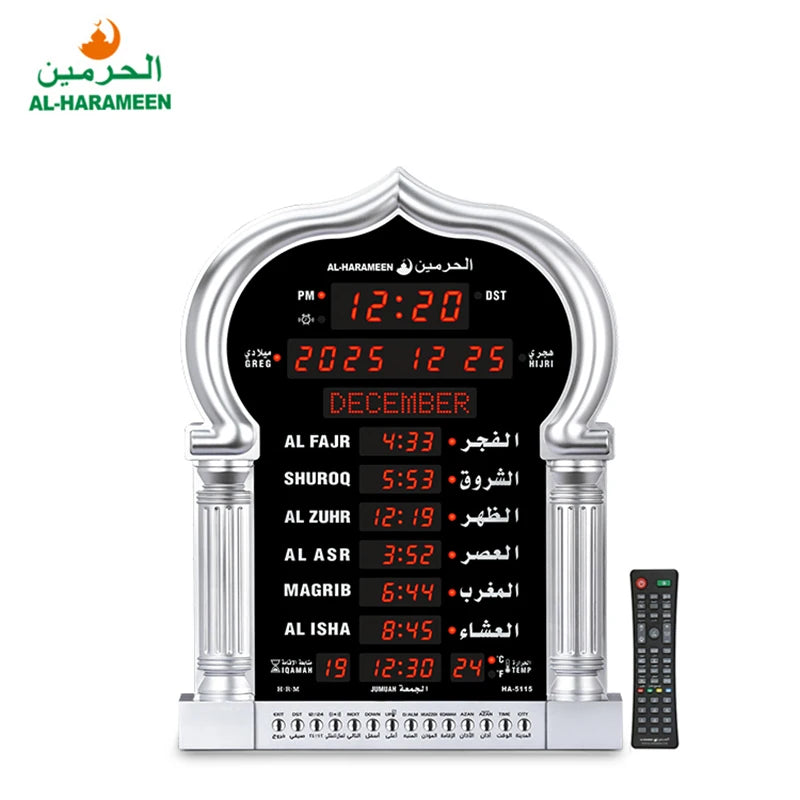 horloge numérique or islamique arche décorative motifs géométriques fixations murales affichage calendrier perpétuel alarme