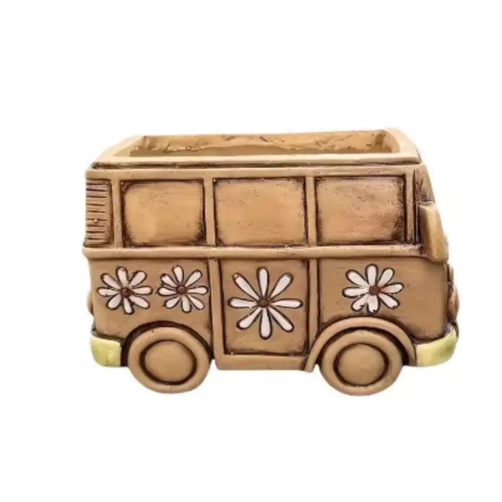 pot fleurs forme volkswagen combi motif marguerites paix vintage hippie rétro marron clair blanc