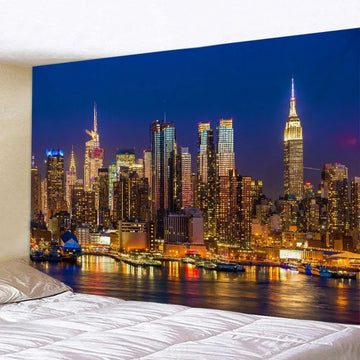 tapisserie murale moderne paysage urbain nocturne gris bleu noir polyestère 150x200cm 120x180cm 90x150cm