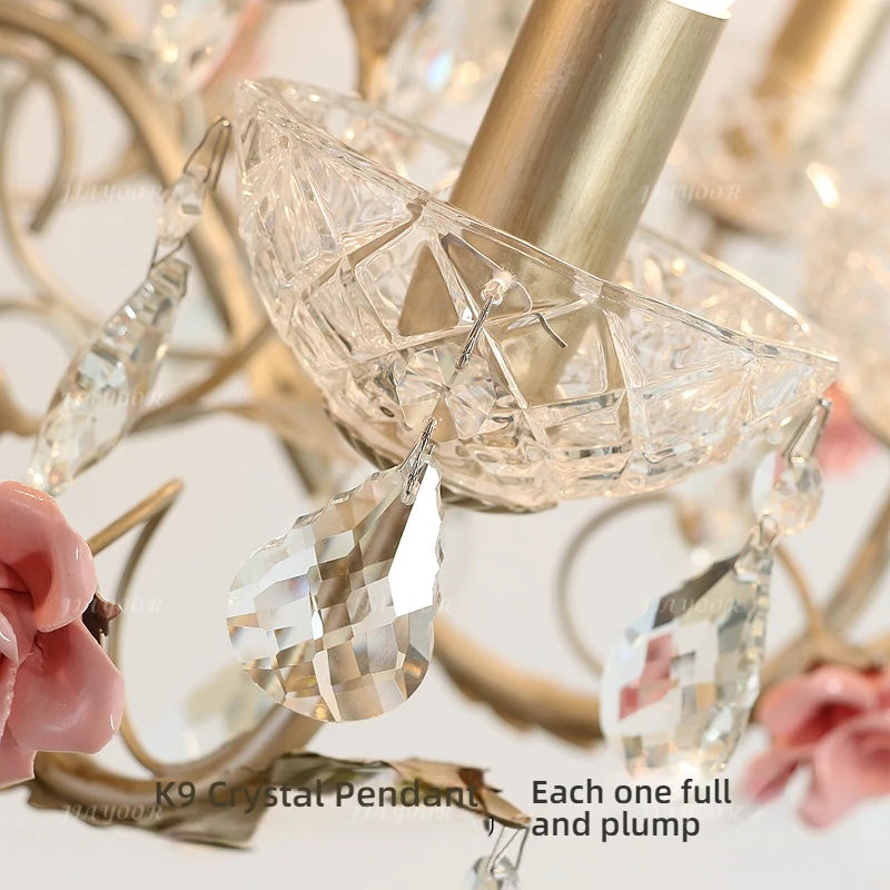 lustre floral cristal transparent rose doré vintage romantique chambre salon