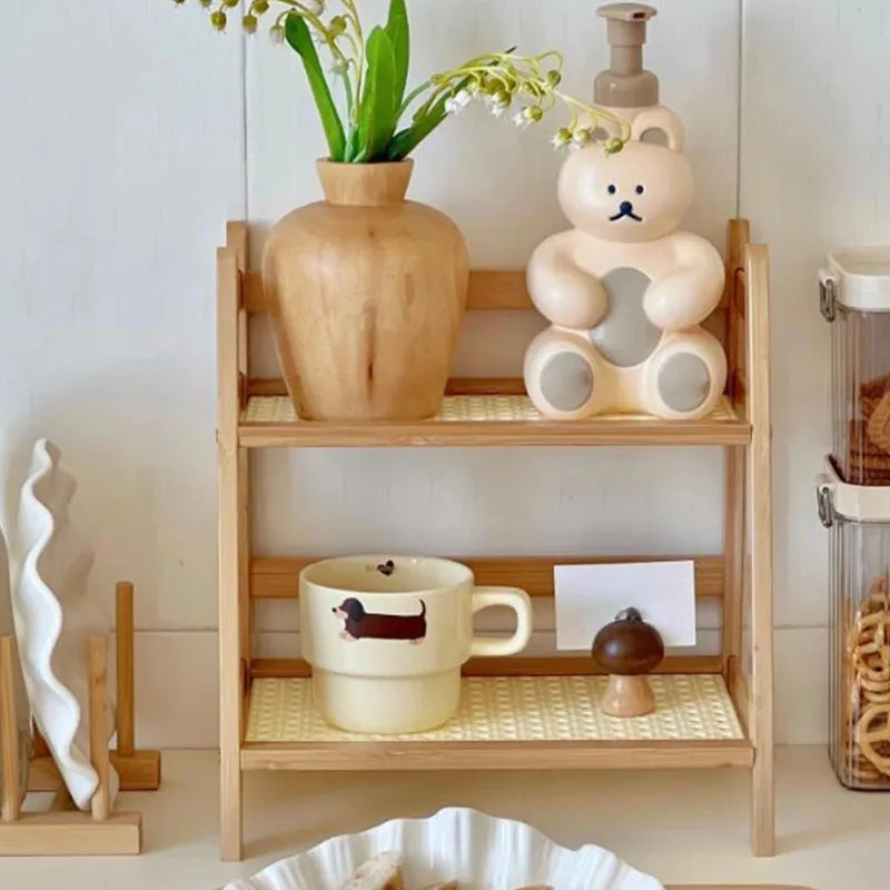 étagère deux niveaux bois clair moderne rangement cuisine tasses vases figurines serviettes biscuits assiettes