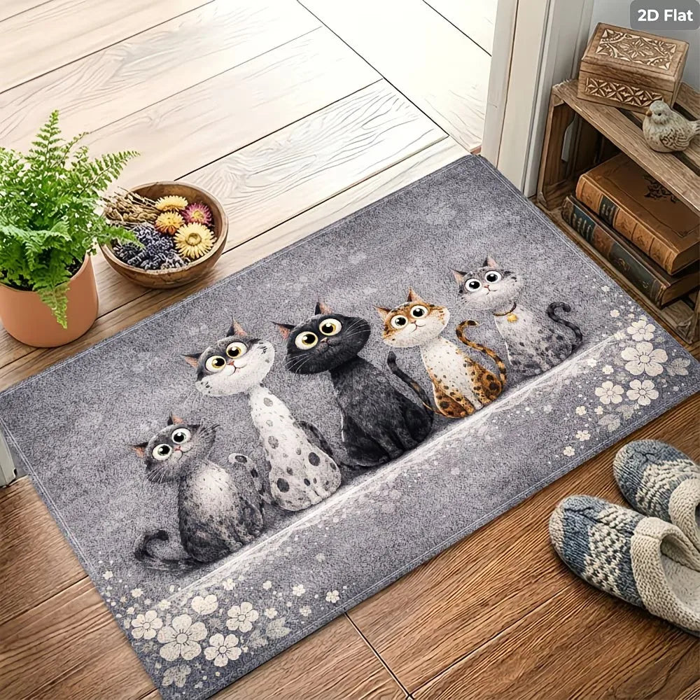 tapis moderne chats gris noir illustration fleurs bordure salon entrée 40x60cm 50x80cm résistantiauxes