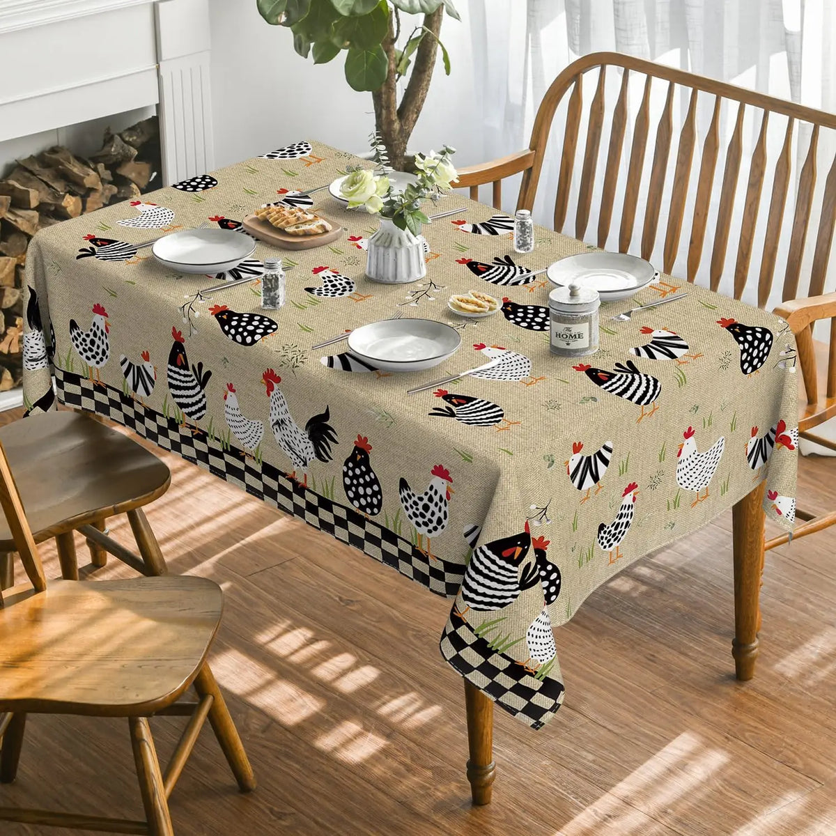 nappe rustique motif poules plumes herbe verte moderne rectangle maison table manger polyester réutilisable