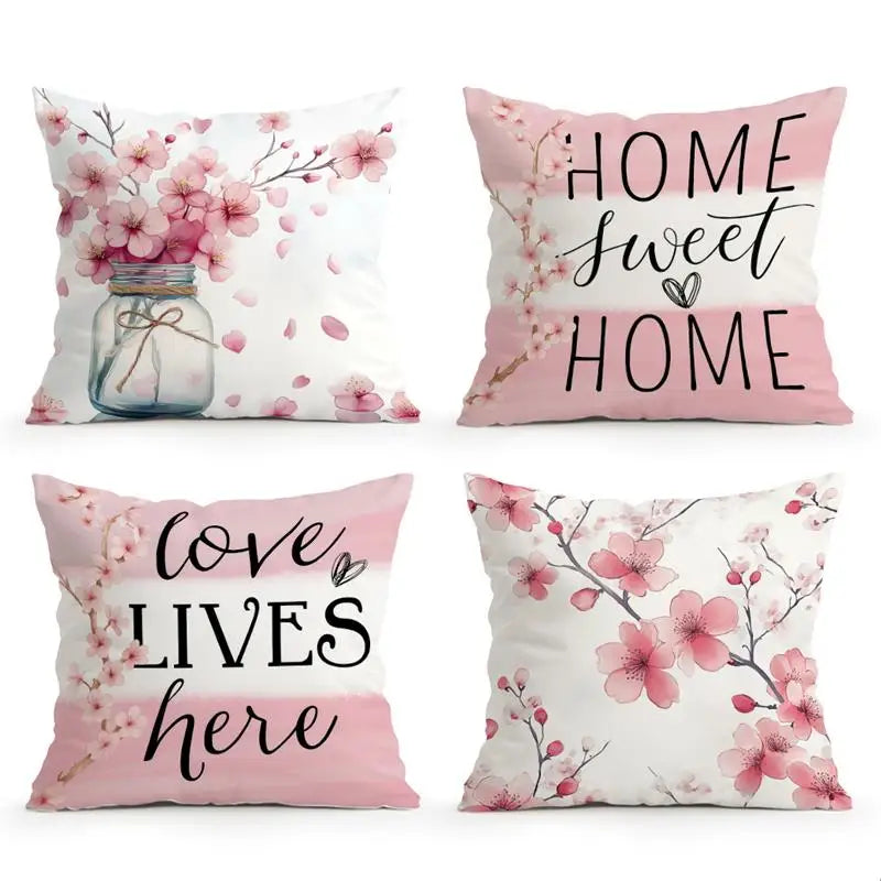 housse coussin polyester imprimé fleurs rose branches moderne blanc chambre lit set 4pcs