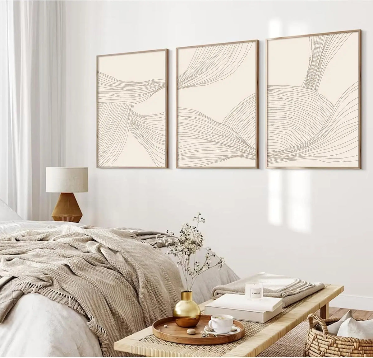 tableaux abstraits contemporains lignes ondulées beige toile sans cadre ensemble trois