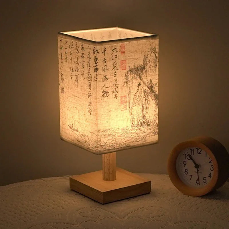 lumière table chinoise vintage papier calligraphie abat jour semi transparent bois girafe horloge tasse