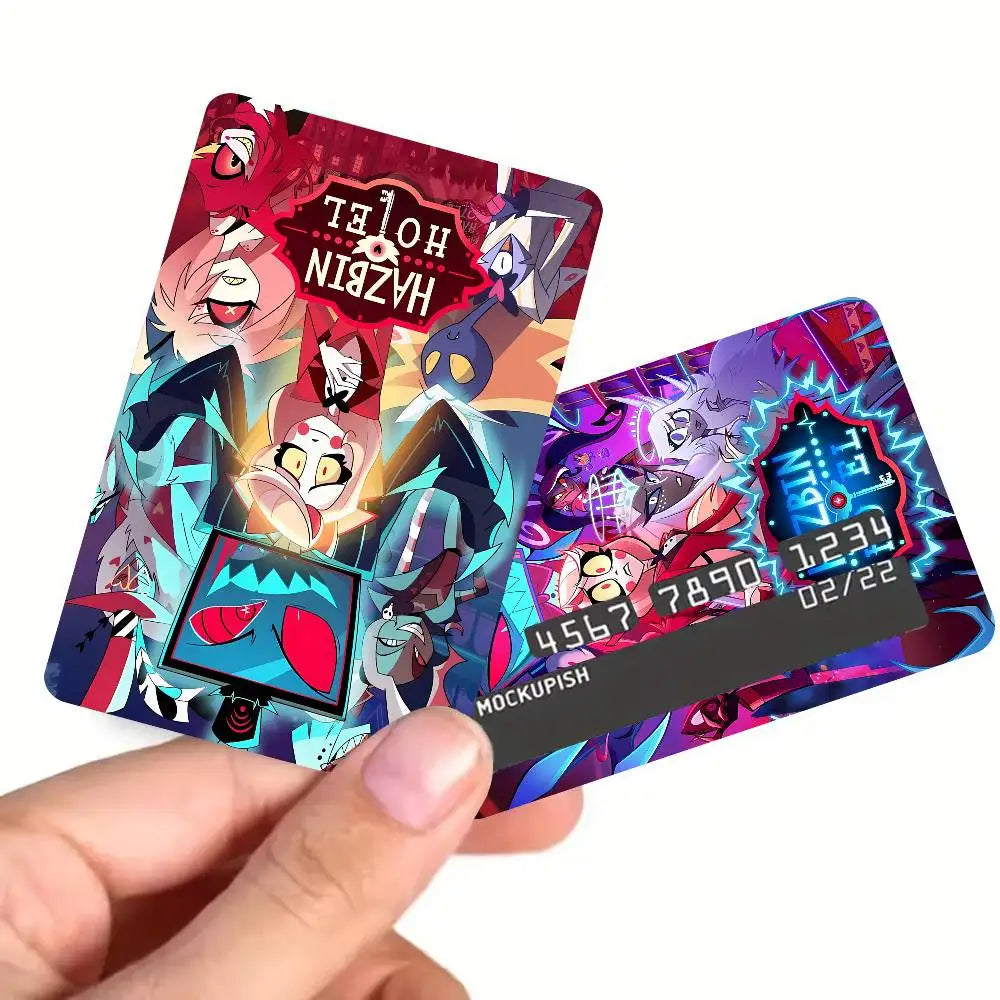 autocollant carte bancaire hazbin personnages dessin animé bleu violet rouge pop art