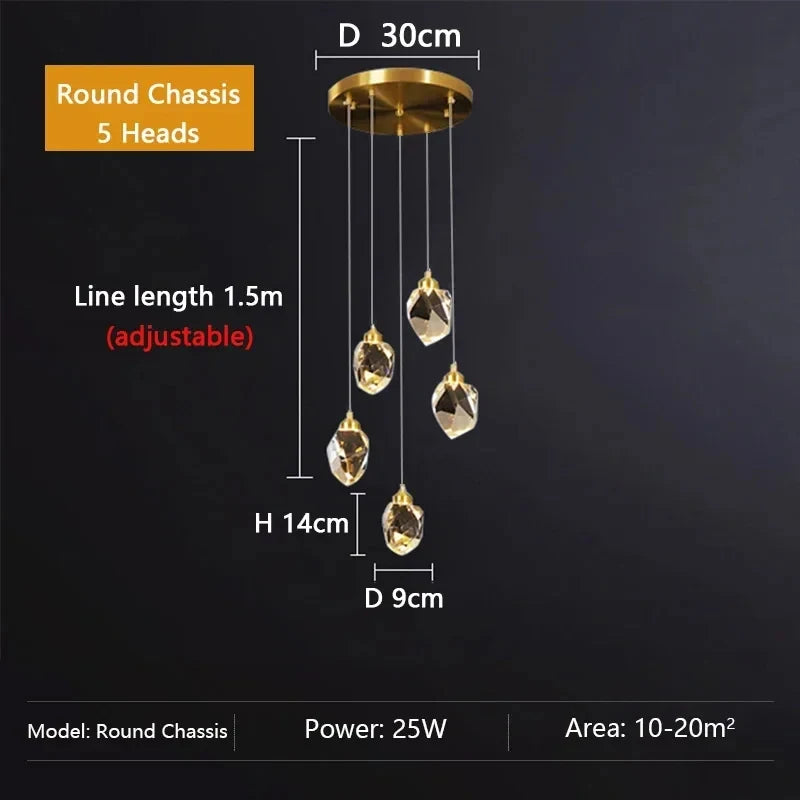 lampe suspendue or transparent cristal facettes géométriques moderne élégante tringles câbles