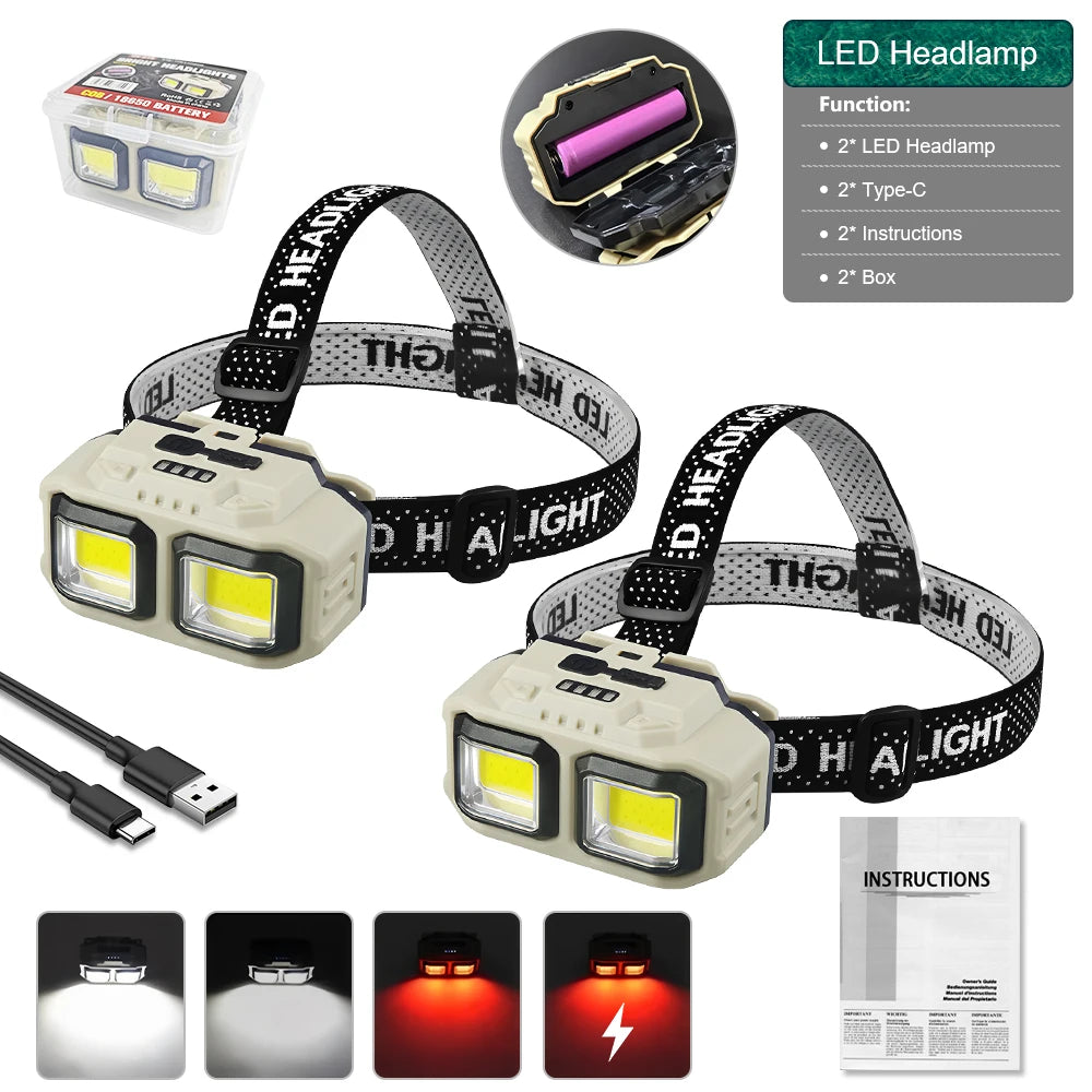 lampe frontale led beige noir points blancs ruban ajustable rechargeable camping pêche randonnée