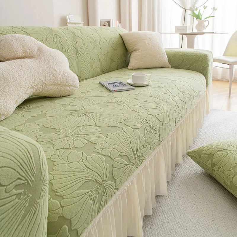 housse canapé velours jacquard fleurs imprimées extensible coussin salon classique vert