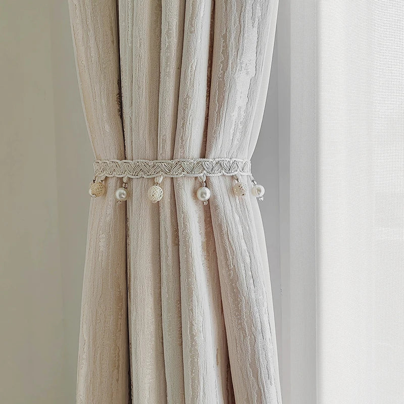 rideau beige clair rayures fines classique blanches opaques maison polyester personnalisable
