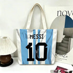sac main blanc bleu clair rayures messi 10 polyestère réutilisable moderne graphique poignées détachables
