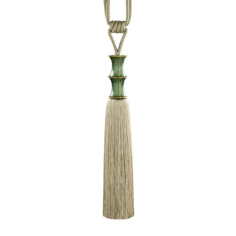 rideau vert beige marron broderie bambou franges classique traditionnel tassel translucent