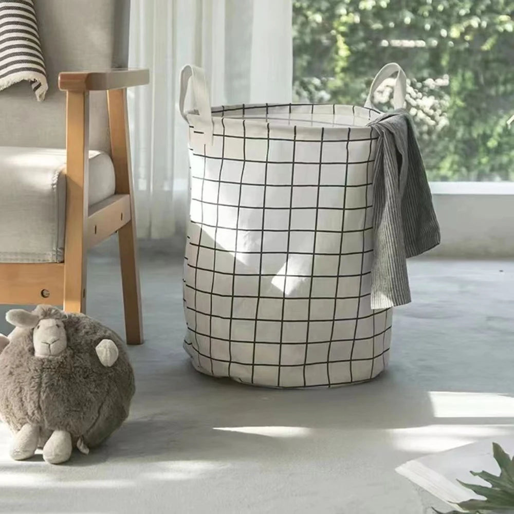 panier linge pliable rayures horizontales gris clair beige moderne réutilisable fibre végétale poignées bois